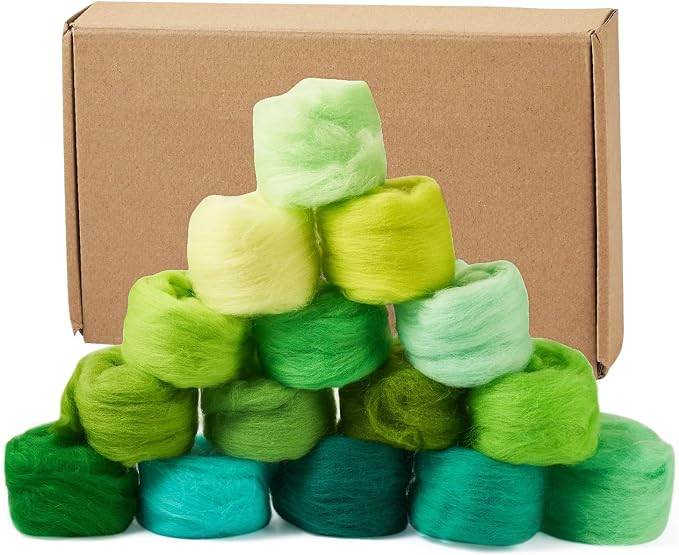 FASHEWELRY 2.6 OZ Nature Wool Roving Set Green Theme Needle Felting Wool Roving by FASHEWELRY