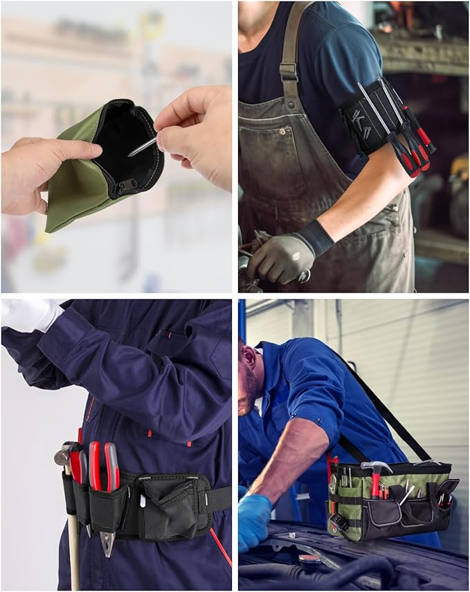 18 Inch Heavy Duty Tool Bag-48 Pockets,1680D Tear&Abrasion Resistant,Includes Tool Pouch,Tool Belt,Magnetic Wristband&Adjustable Shoulder Strap | Tool Organizer(Green)