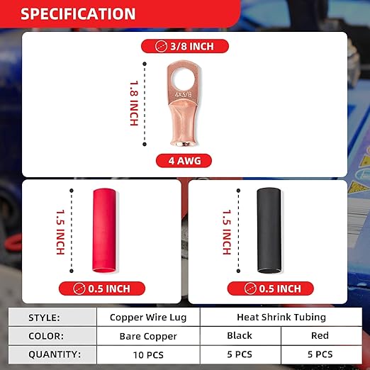 RED WOLF Ring Wire Terminals Copper 4 AWG 3/8" Stud Battery Cable Lugs Copper Connector 10PCS, W/3:1 Heat Shrink Tubing Marine Grade for Electrical Automotive Cable Wire Wrap Connection