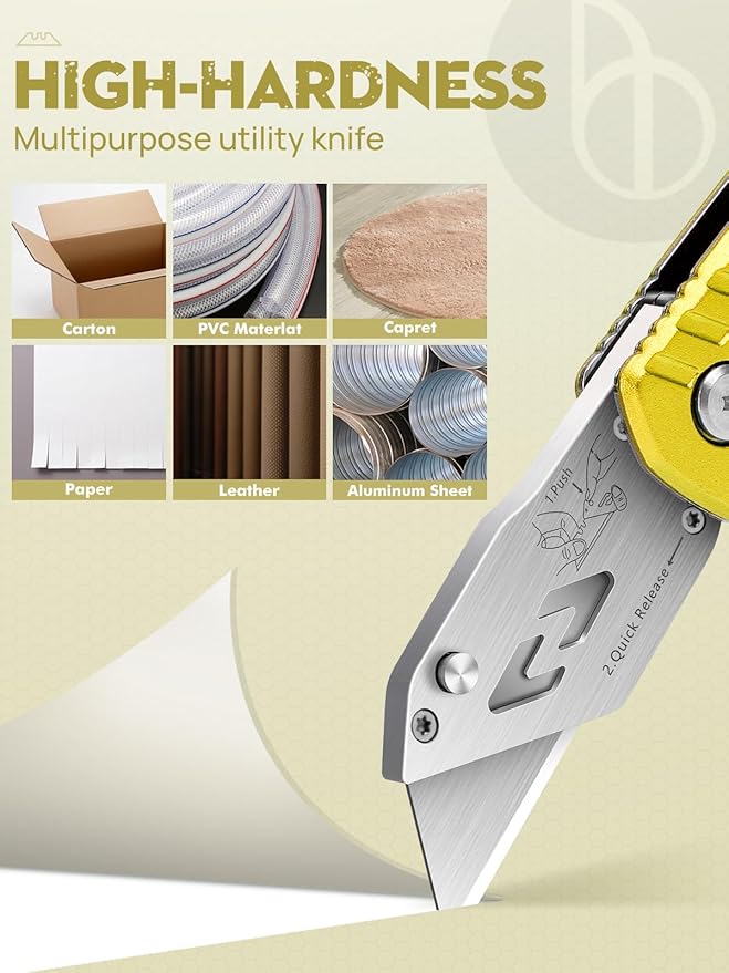 Utility Knife, BIBURY Upgraded Version Heavy Duty Box Cutter, Pocket Carpet knife with 10 Replaceable SK5 Stainless Steel Blades, Belt Clip, Easy Release Button, Quick Change and Safety Lock-Yellow