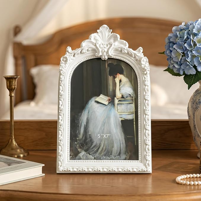 Cuspin 5x7 Picture Frame White Arched Frames, Vintage Ornate Resin Photo Frame - Image 8