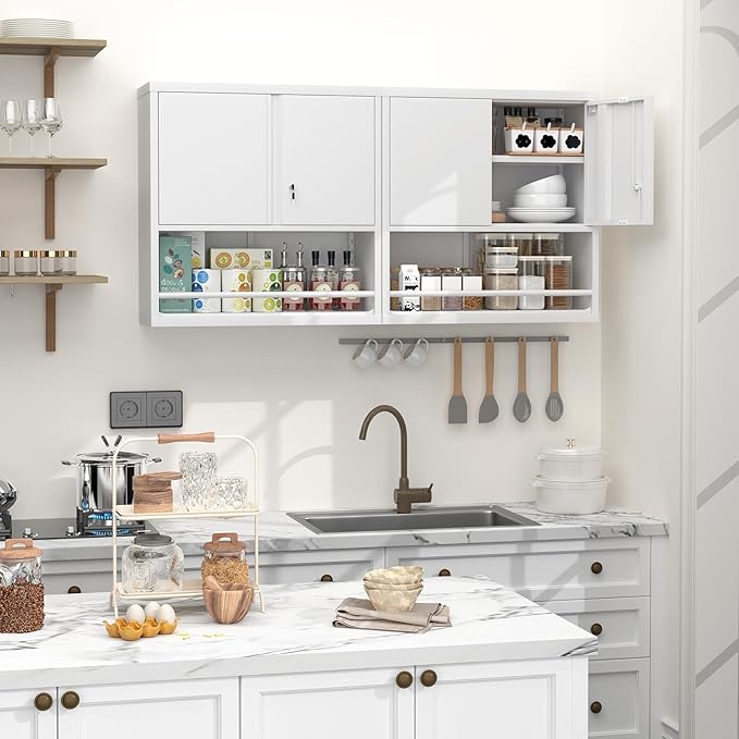 GREATMEET 31" H Metal Cabinets with Doors and Shelves, Lockable Storage Cabinet, Wall Cabinet Storage for Kitchen, Dining Room,White