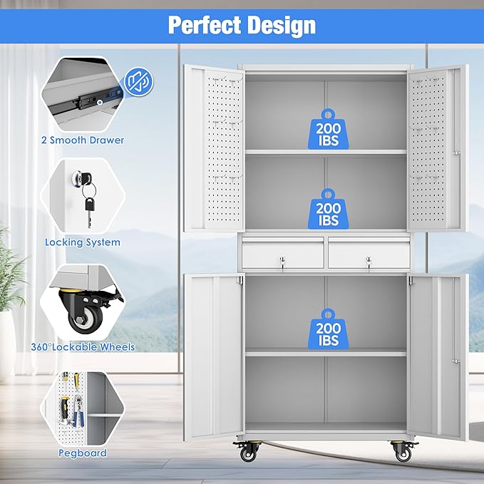 Garage Storage Cabinet with Wheels, Metal Storage Cabinet with 2 Drawers and 2 Adjustable Shelves, Metal Lockers with Pegboards for Homes, Offices, Kitchens, and Pantries, Gray and White