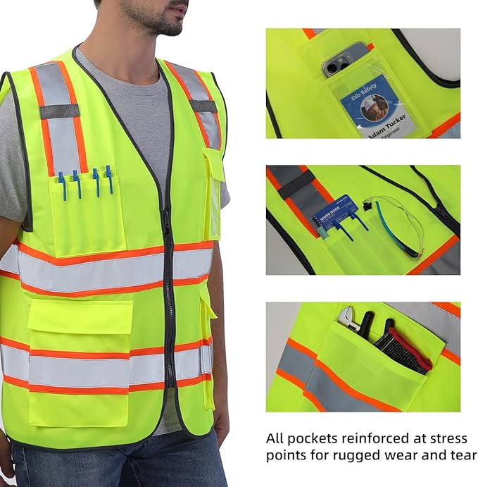 Dib Safety Reflective Vest High Visibility Two Tone with Pockets and Zipper, ANSI Class 2 Compliant, Yellow with Orange Trim 3XL