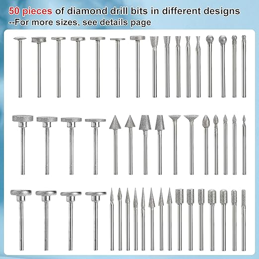 CNQLIS 50 Pcs Diamond Burr Set Coated Grinding Stone Carving Bits, Diamond Bits for Dremel Rotary Tools