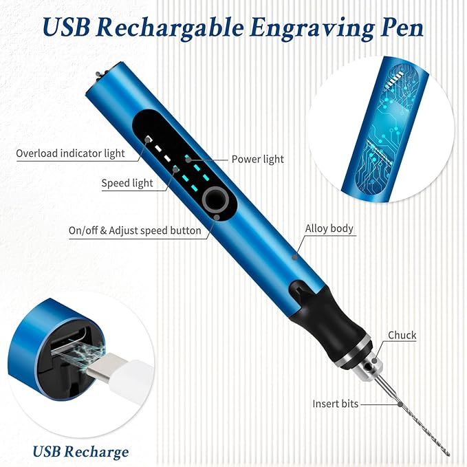 Engraving Pen with 37 Bits,Mini Electric Engraver Etching Machines Cordless Rotary Tools Engraved Jewelry Stone Metal Plastic Wood Resin Model (Blue)