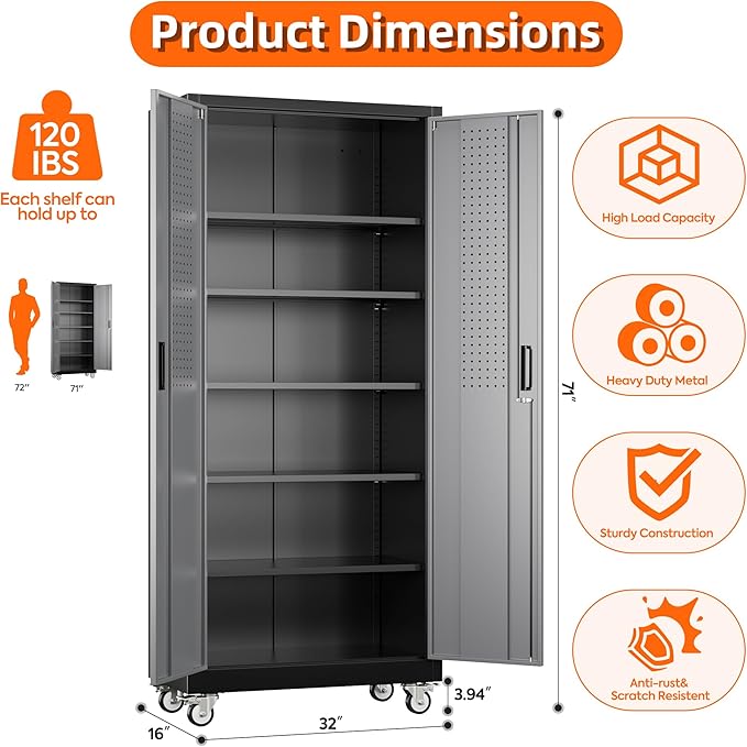 Metal Garage Storage Cabinet with Pegboard, 71''H*32" W*16" D Rolling Tool Cabinets on Wheels with 5 Adjustable Shelves for Garage Home Warehouse Utility Room, Assembly Required,Black and Grey