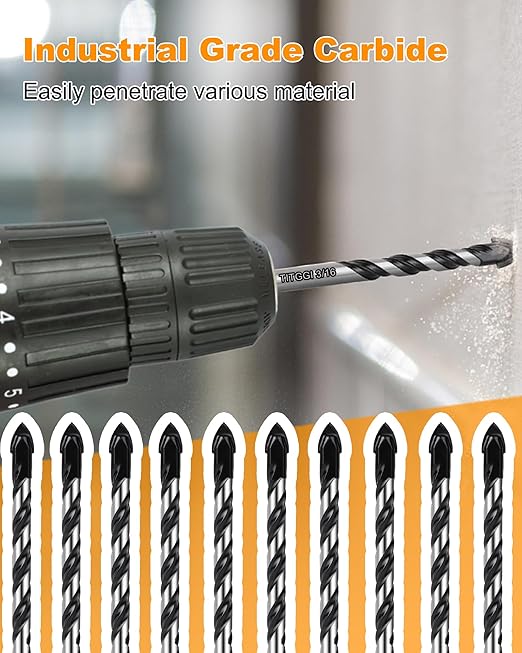 TITGGI 3/16" (10PCS) Masonry Drill Bit Set & Cement Drill Bits, Professional Concrete Drill Bit Set for Glass/Brick/Plastic/Cement/Wood/Tile/Etc, Industrial Strength Carbide Drill Bit Tip