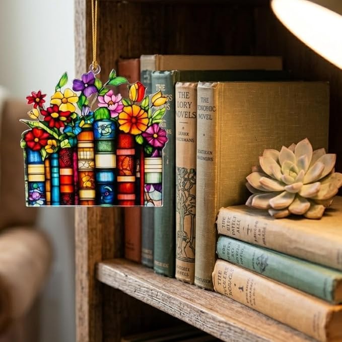 Book Lover Gifts for Women Acrylic Faux Stained Glass Window Hanging, Floral - Image 8