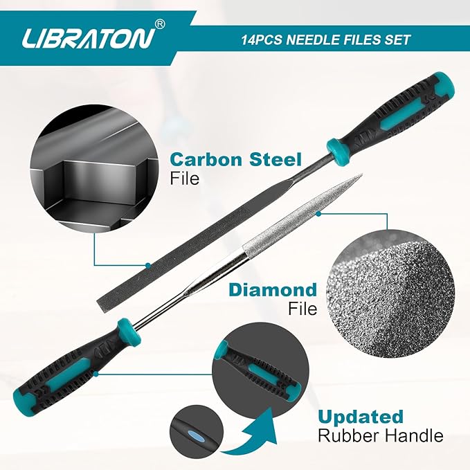 Libraton Needle File Set, Diamond Needle File Set, 14PCS Small File Set, 6 Diamond Files & 6 Carbon Steel Files with Wire Cutter, Steel Brush, Carry Bag, Jeweler File Tools for Soft Metal,Wood,Model