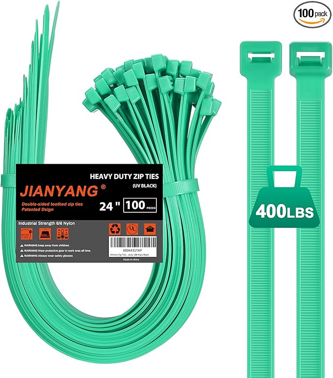 Long Zip Ties Heavy Duty 24 inch，400 LBS Tensile Strength With Double Sided Toothed Super Durable Cable Ties ，Extra Large Wire Ties Adjustable Nylon Tie Wraps for Indoor Outdoor （100 Pack Green）