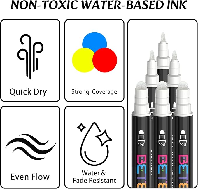 Betem 6 White Dual Tip Acrylic Paint Markers, Fabric Decorating Kits Premium - Image 3