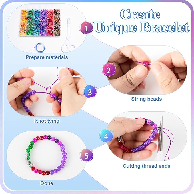 XSEINO About 144 Colors 1200PCS 6mm Glass Beads Bracelet Making Set, 6 Styles - Image 5