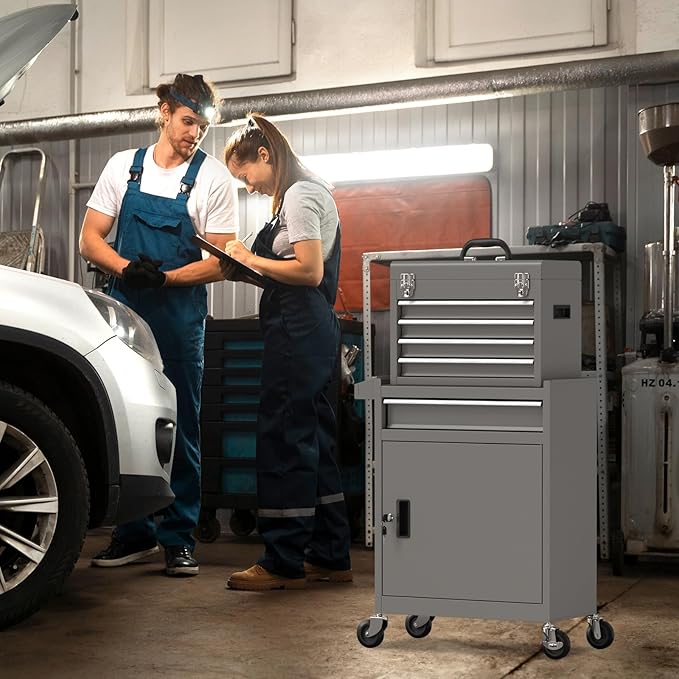 5-Drawer Rolling Tool Chest,Garage Storage Tool Box with Wheels,Lockable and Detachable Tool Cabinet,Heavy Duty Metal Tool Cart with Wheels for Garage,Warehouse,Workshop (Gray)