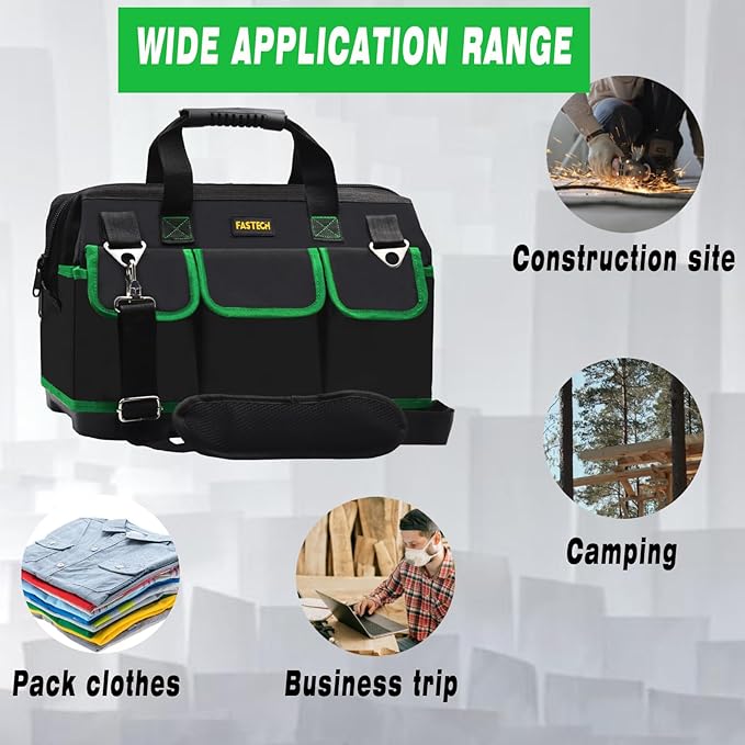 18 Inch Tool Bag With Molded Base and Comfortable Shoulder Straps, Waterproof Wide Mouth Tool Kit, Tool Storage Package For Men/Women (Green18IN)