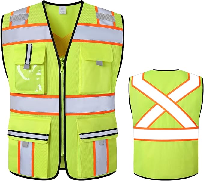 Class 2 Safety Vest with Zipper Front and multiple Pockets, High Visibility Vest, Meets ANSI/ISEA Standards