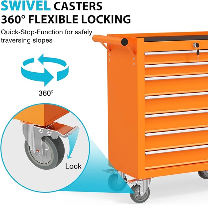 7 Drawers Rolling Tool Chest, Portable Storage Tool Box with Wheels, Tool Chest with Lock for Warehouse, Garage, Repair Shop and Tool Room