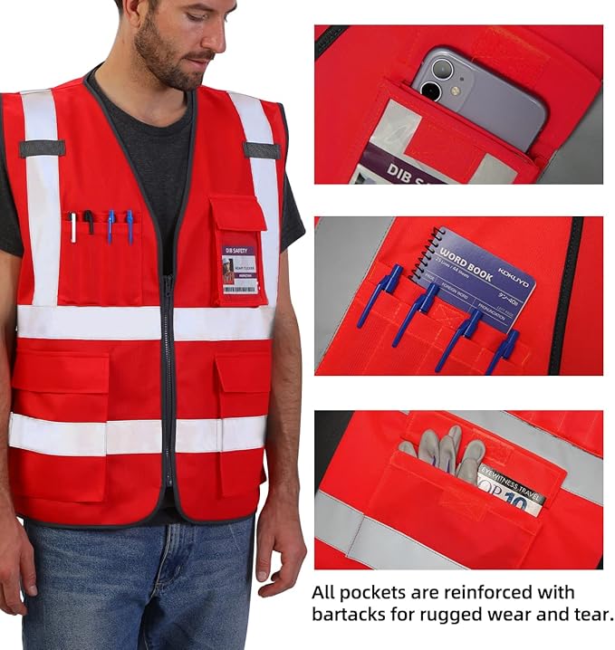 Dib Safety Reflective Vest High Visibility with Pockets and Zipper, Red 4XL