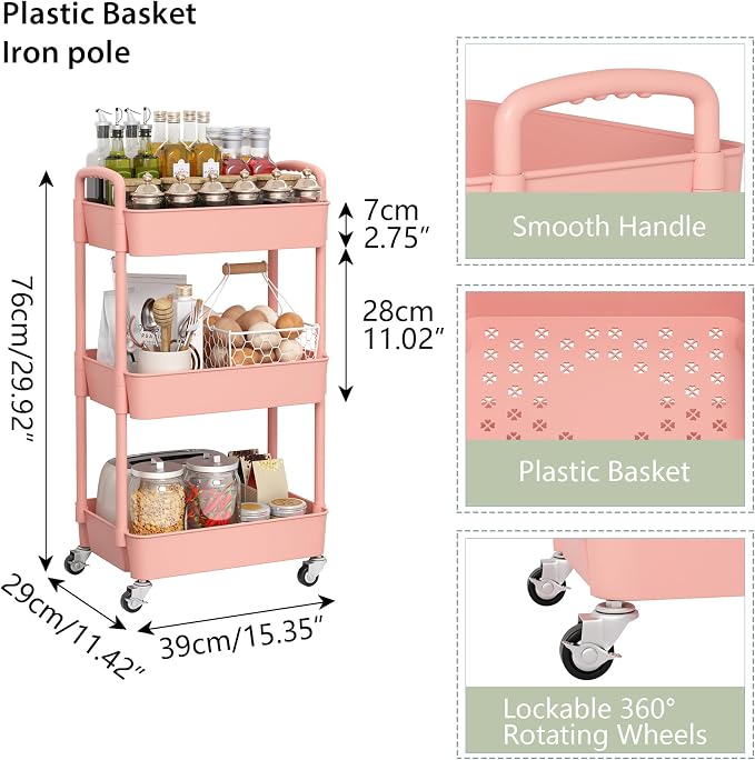 Sywhitta 3-Tier Plastic Rolling Utility Cart - Image 2