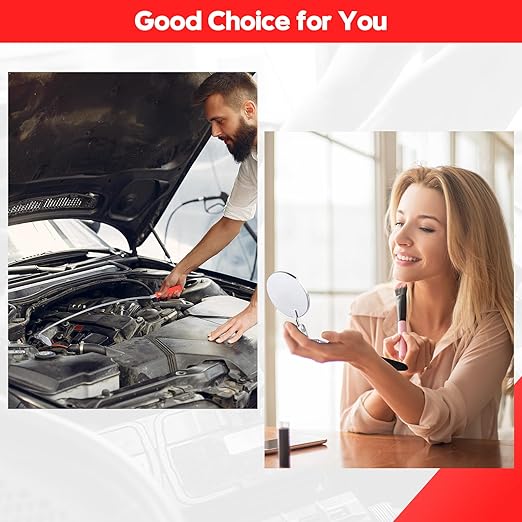 2 Pcs Inspection Mirror, Mechanics Mirror Tool with Long Handle, Round Extendable Mirror on a Stick & 360 Rotation Bendable Circular Mirror for Technicians Mechanics Contractors Checking Observation