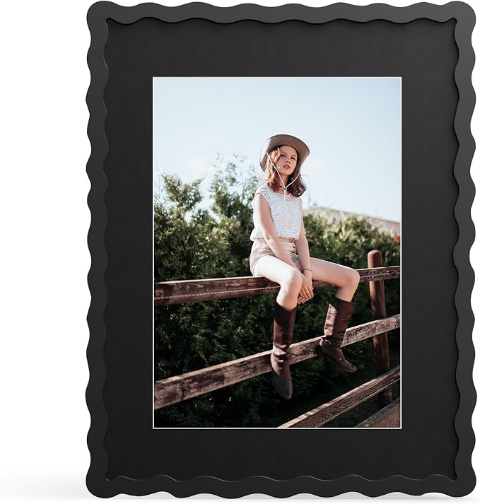 11x14 Picture Frame with Mat for 8x10, Wavy Edge Wooden Real Glass Photo Frame by THKRLOF
