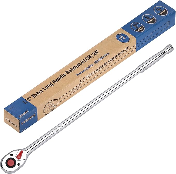 1/2-Inch Drive Ratchet Wrench, 1/2 Ratchet Wrench Long Handle, Socket Wrench, 72-Tooth Quick-release Reversible Cr-Mo Head, Chrome Steel Made - 24''61cm