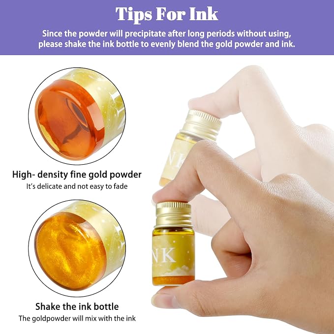 Glass Dip Pen Ink Set, 2 Crystal Signature Glass Pen, 12 Gold Powder Drawing - Image 3
