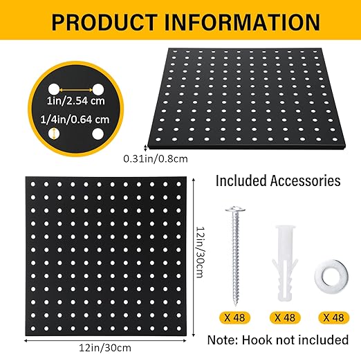12 Pcs Metal Pegboard Panels 12" x 12" Heavy Duty Steel Peg Boards Wall Tool Organizer with Screw for Garage Tool Storage Office Organization Kitchen Craft Room