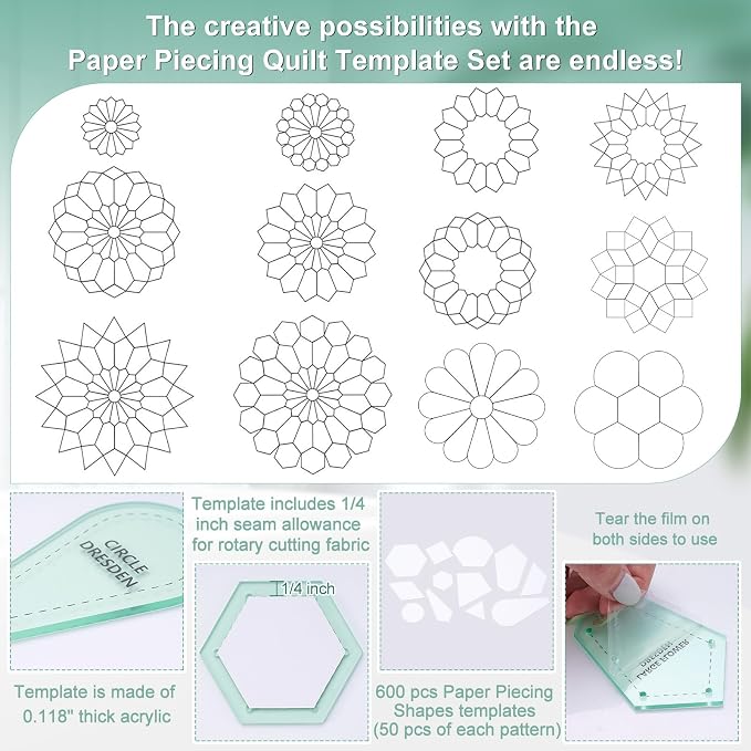 Cinnvoice 612 Pcs Patchwork Paper EPP English Piecing Supplies 12 Shapes - Image 3