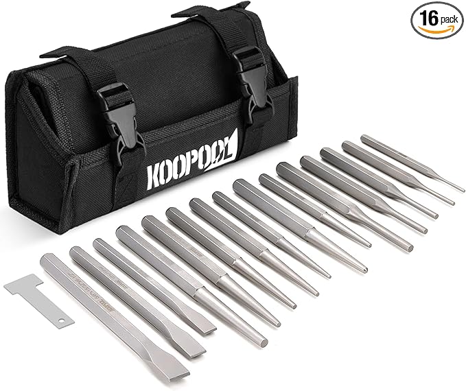 Punch and Chisel Set Heavy Duty, 16pcs CR-V Steel 5 Taper Punch，3 Cold Chisel, 2 Center Punch, 5 Pin Punch Set with Roll-Up Pouch for Metal, Wood, and Automotive Projects（16pcs）