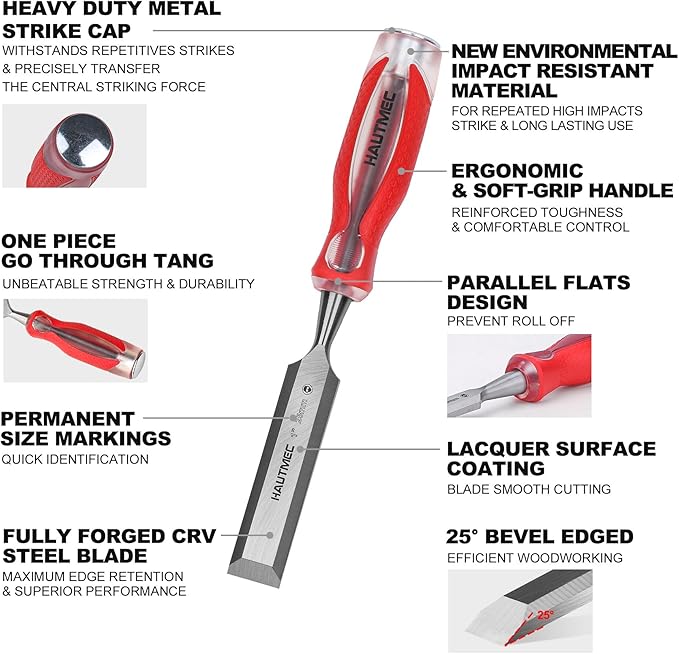 HAUTMEC 1" Wood Chisel – High-Impact Drop-Forged CRV Steel, Fully Polished Beveled Edge Blades, Heavy-Duty Strike Cap & Extended Anti-Skid Handle – HT0362