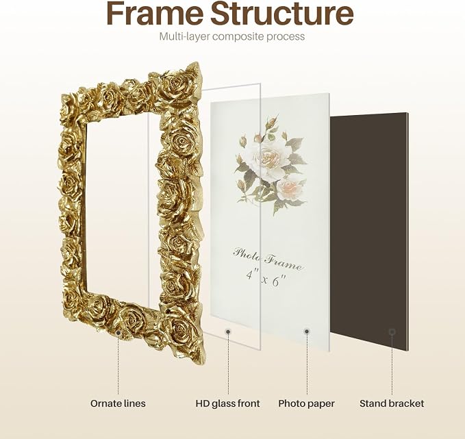 Cuspin 4x6 Picture Frame Vintage Gold Frames, Ornate Rose Flower Resin Photo - Image 5