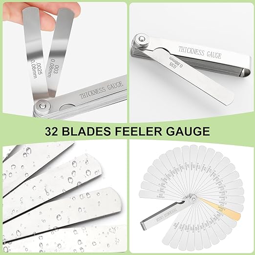 Stainless Steel Feeler Gauge 32-Blade 0.04-0.88 mm (0.0015-0.035 Inch) Precision Gap Measuring Tool for Valve Adjustment, Spark Plug Gap, Dual Marked Metric and Imperial Measuring Tools