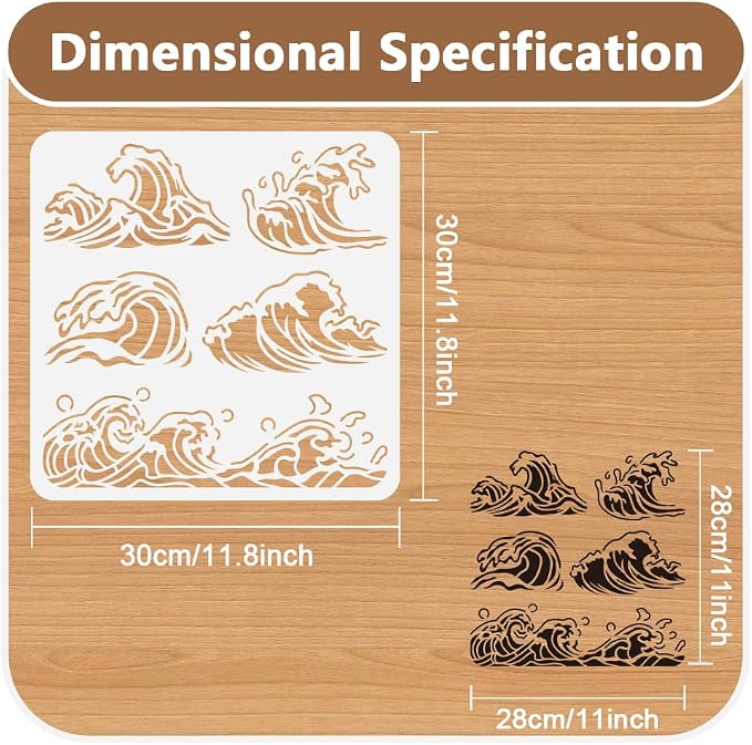 11.8"x11.8" Sea Wave Wall Stencil Templates, Summer Ocean Wave Reusable Plastic - Image 2