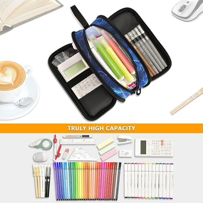 Blue Electric Lightning Pencil Case Box Boys Girls Large Pencil Pouch Zipper - Image 2