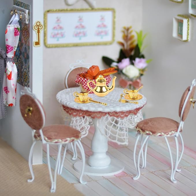 24 Pieces Mini Tea Set Golden Metal Dollhouse Miniatures Tiny Tea Set Mini Doll - Image 6