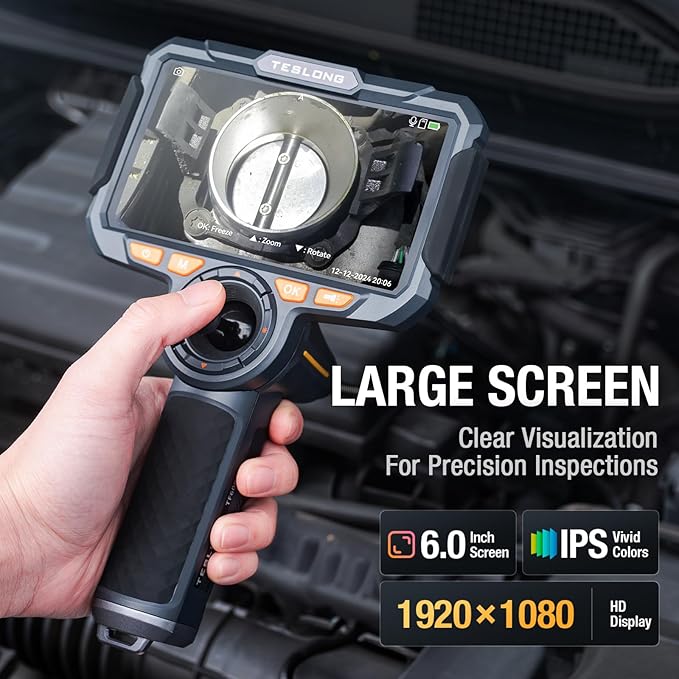 Teslong Dual Lens 360 Articulating Borescope with 6” Monitor, Inspection Camera with 4-Way Joystick Articulation, HD Steerable Endoscope with Light, See in Wall Engine Hole Camera(0.24inch-5FT)