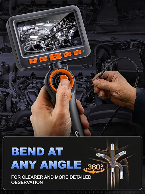 360°Articulating Borescope Camera - 5" HD 1080P Inspection Camera Screen with 6 Light, Endoscope with 6.2mm IP67 Waterproof Probe, 3X Zoom 4-Way Borescope with Flexible Cable