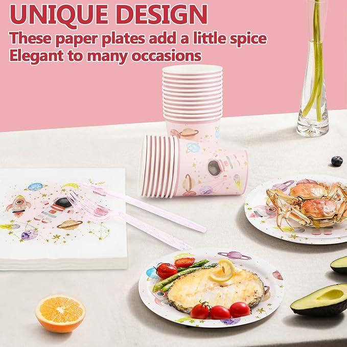 120 PCS Space Party Supplies, Disposable Pink Moon Star Paper Plates Napkins - Image 4