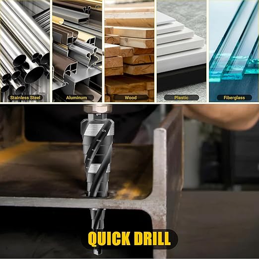 Four Spiral Flute Step Drill Bit, HSS Step Drill Bits (1/8"-1/2") Unibit Step Drill Bit, 1/4" Shank Step Bits for Aluminum, Metal, Wood, Plastic