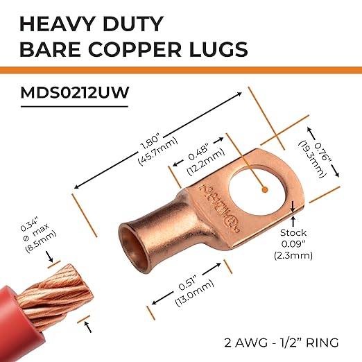 SELTERM 2pcs 2 AWG 1/2" Stud Copper Wire Lugs, Ring Terminals, Battery Cable Ends, 2 Gauge Ring Terminal Connectors, UL Heavy Duty Bare Copper Eyelets Battery Terminal Connectors