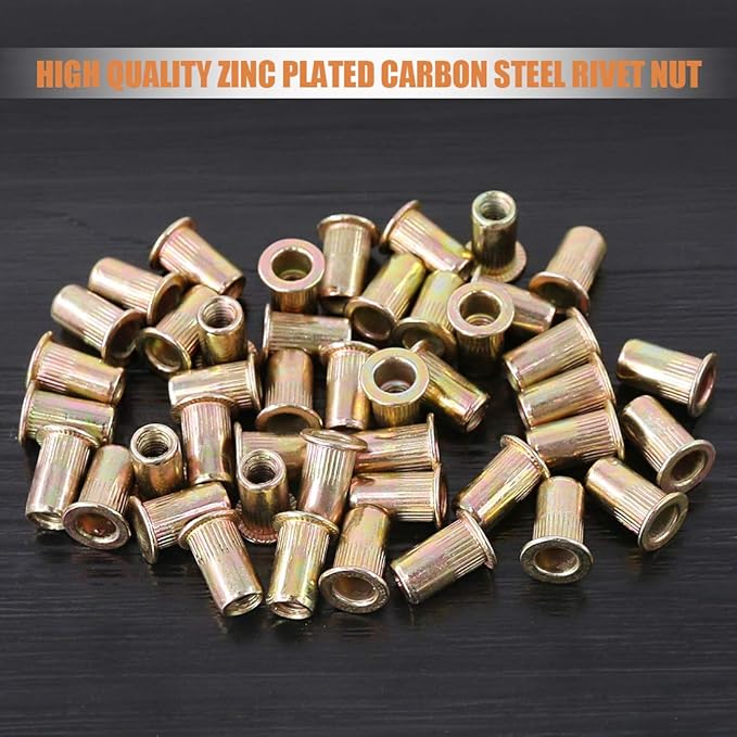 Keadic 150Pcs M4 Rivet Nuts Metric Zinc Plated Rivet Nut Carbon Steel Rivet Nut Flat Head Threaded Insert Kit Threaded Rivet Insert Nutsert Rivnuts Kit for Furniture