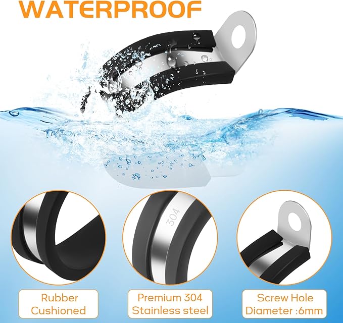 20 Pcs 1/4 Inch 304 Stainless Steel Cable Clamp, Rubber Cushioned Insulated Clamp, Conduits Pipe Strap Clamps for Pipe Fixing on Various Surfaces