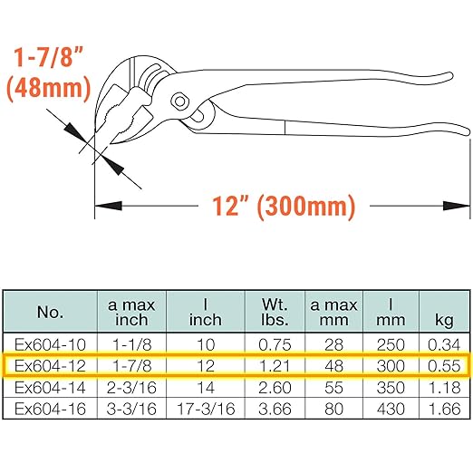 CS Unitec | Non-Sparking Pliers | Groove Joint | 12 in. | Max 1-7/8 in. | TUV Certified | Aluminum Bronze | Non-Magnetic | Corrosion Resistant | EX604-12A, 300mm