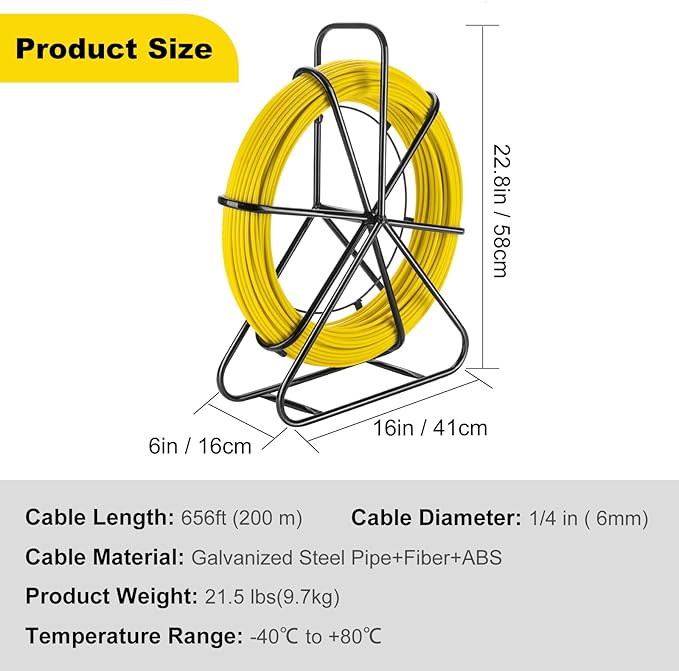 6MM x 656FT (200M) Fiberglass Fish Tape with Steel Reel Stand, Duct Rodder Cable Puller Tool for Electrical Wiring, Conduit, Wall Pipes