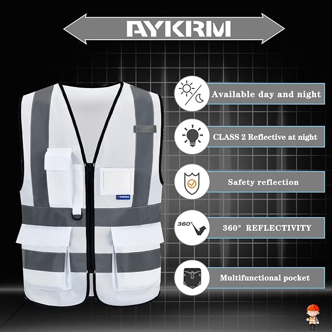 A-SAFETY 6XL-8XL,Hi Reflective Safety Vest,Hi Vis Bright Neon Colors Safety Vest with 4 Reflective Strips 7 Pockets(White)