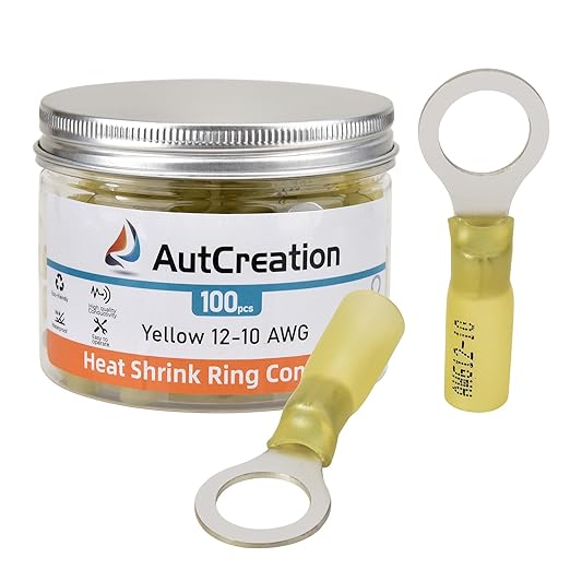 AutCreation 100PCS Heat Shrink Ring Terminals 3/8" Yellow 12-10 AWG Marine Grade Electrical Wire Connectors, Tinned Red Copper Resistant Ring Connectors, Insulated Waterproof Crimp Terminals