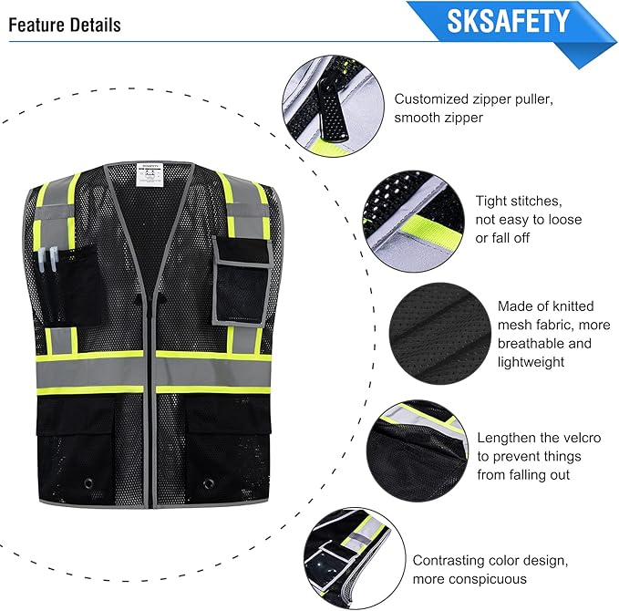 SKSAFETY 10 Pockets Safety Vest, Class 2 High Visibility Security with Zipper Double-sided mesh, Hi Vis Vest with Reflective Strips, ANSI/ISEA Standard, Construction Work Vest （Black, L）