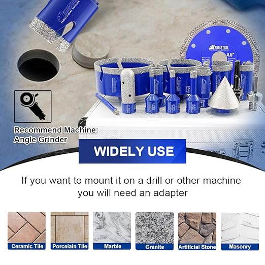 SHDIATOOL Diamond Tile Drill Bits Kit 15pcs, Porcelain Hole Saw Sets, Core Bits Cutter for Drilling Ceramic Marble Granite (6/8/10/20/25/35/50/75/100/20MM/2/SDS/HEX/6MM/4.5”)