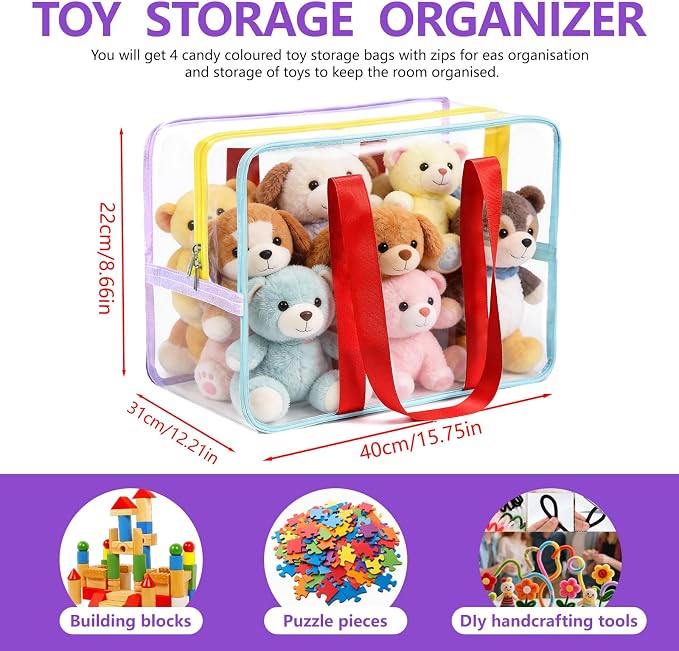 4 Pack PVC Toy Storage Bags, Large 15.75" x 8.66" x 12.21" Clear Double Zipper - Image 2